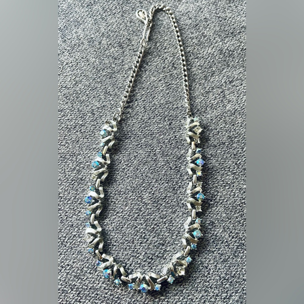 Vintage Silver Crystal Floral Chain Necklace / Choker with Blue Aurora Stones